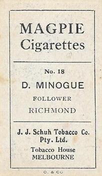 1921 J.J.Schuh Magpie Cigarettes Australian Footballers - Victorian League #18 Dan Minogue Back